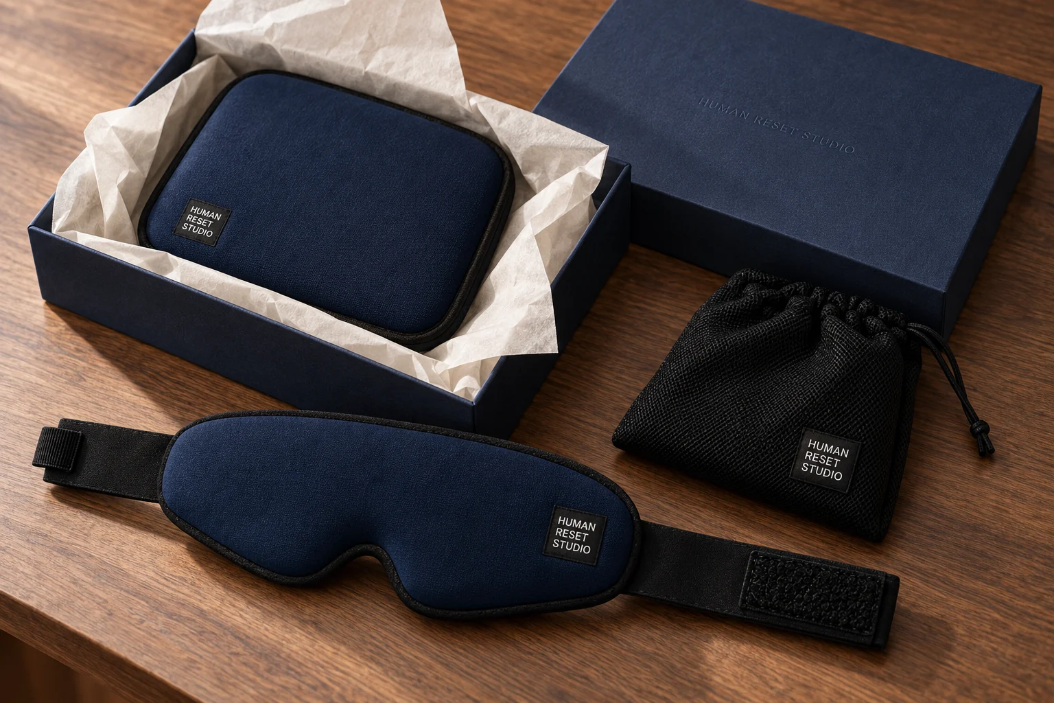 Brand presentation concept with navy HRS products, a textured box, tissue paper and a mesh pouch on walnut