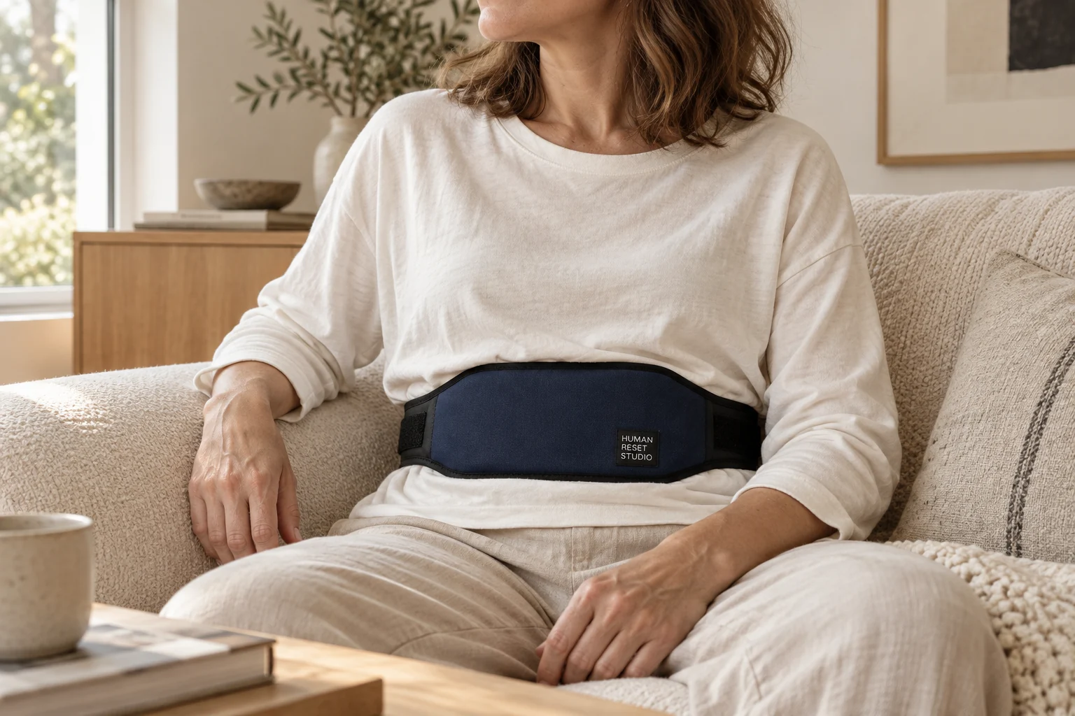 A woman sitting comfortably with a navy HRS belt around her waist