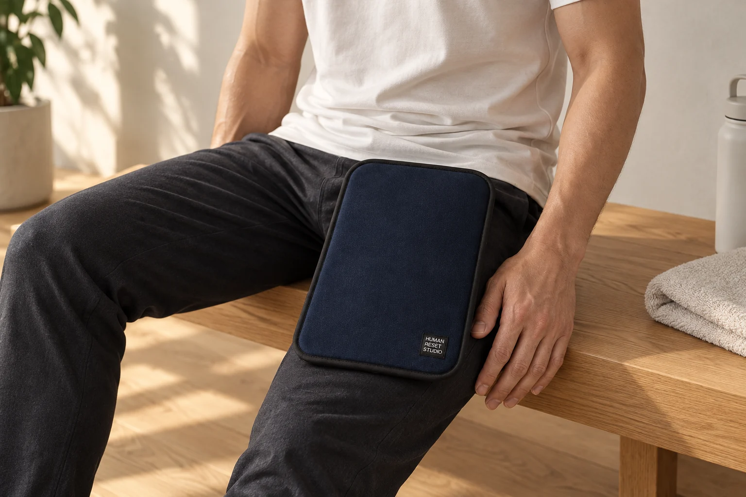 A man pausing on an oak bench with a navy HRS recovery pad on his thigh